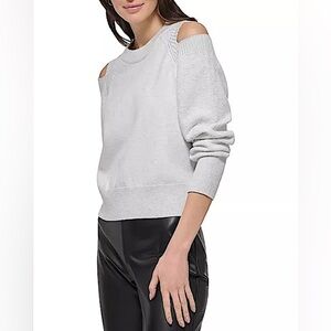 DKNY Pull Over Sweater XS Grey Glitter Crewneck Cutout Shoulder Sweater